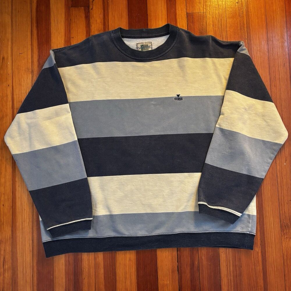 Vtg 90s Guess Jeans Block Striped Crewneck Sweatshirt Size L Original Designs